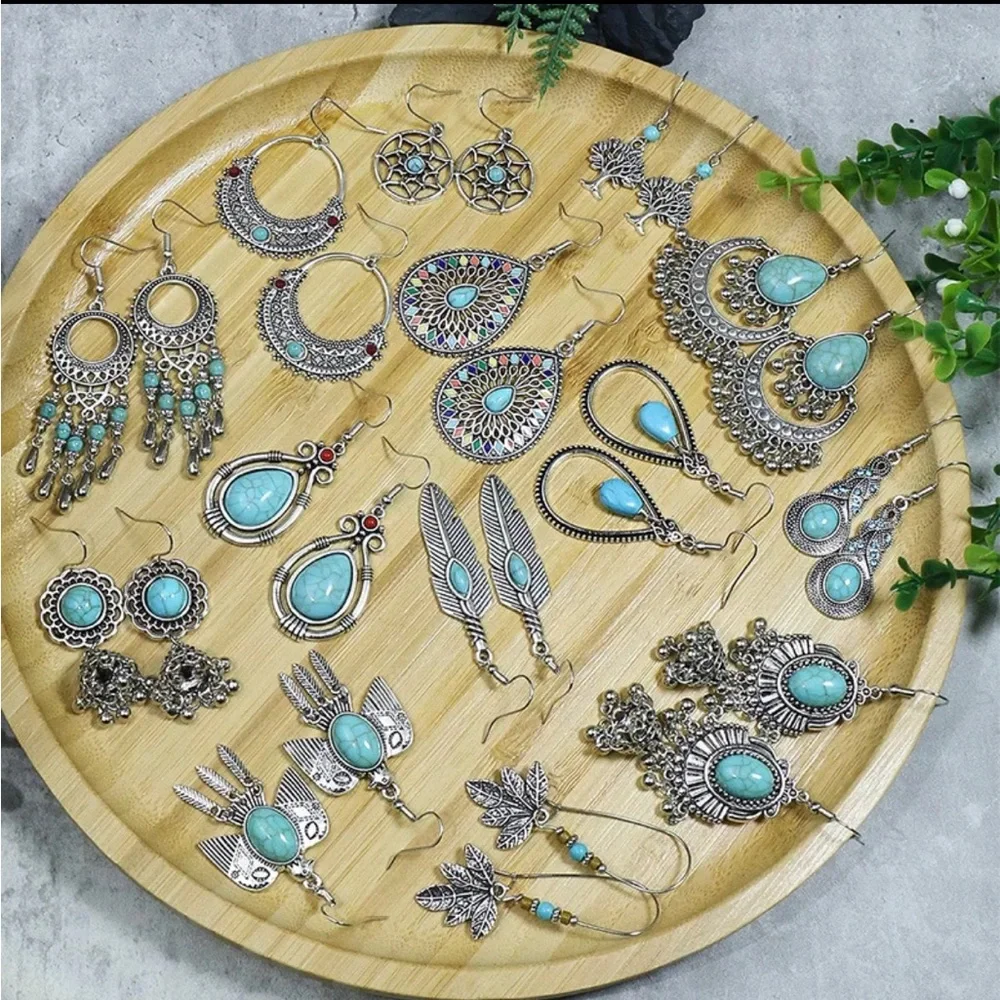 (Last 1) Bohemian vintage style turquoise stone drop earrings boho country aztec - Picture 4 of 5
